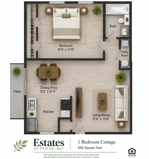 Floor plan for 1 bed, 1 bath, 650 sqft